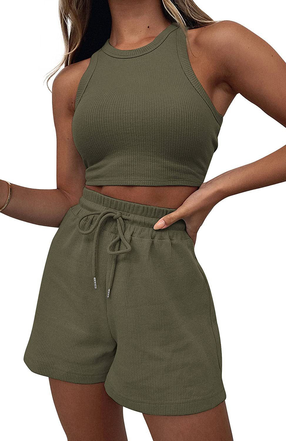Casual Solid Color Sleeveless Waffle Knit Short Crop Top 2-Piece Set Women's Fashion Outfit