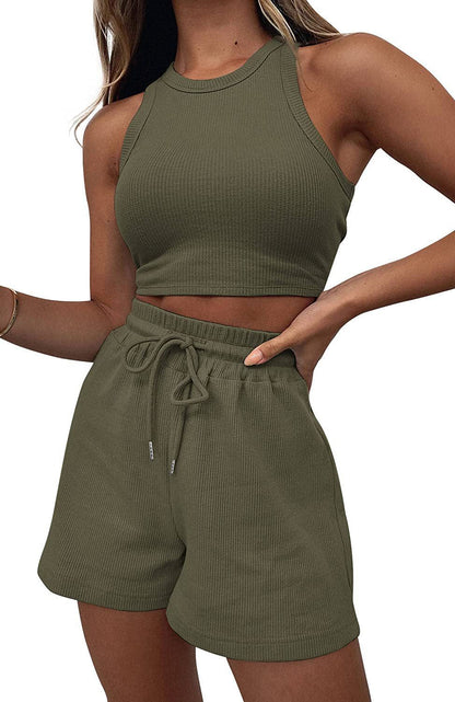 Casual Solid Color Sleeveless Waffle Knit Short Crop Top 2-Piece Set Women's Fashion Outfit