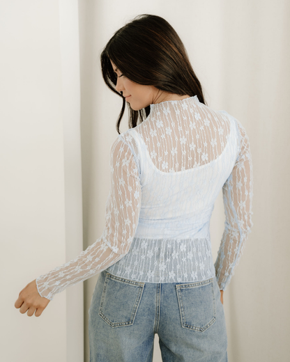 Claire Floral Lace Long Sleeve Slim Fit Top - Blue