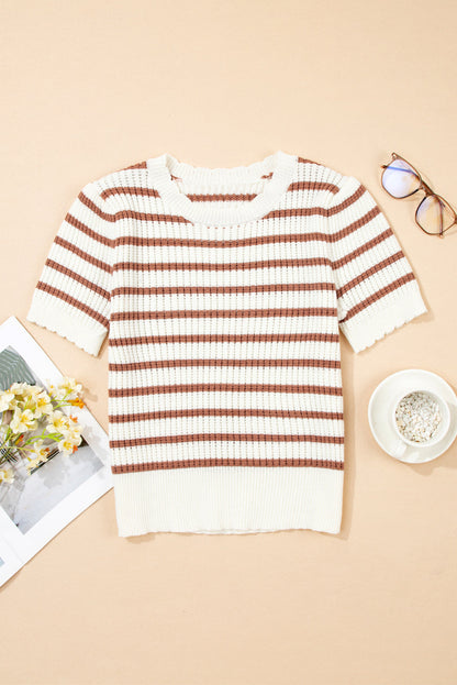 Threaded Pear Eloise Stripe Scalloped Round Neck Short Sleeve Sweater
