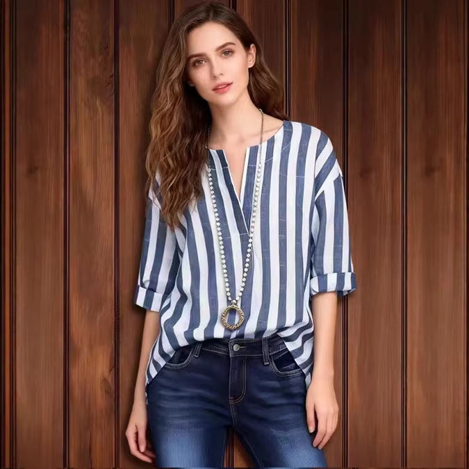 Women’s Versatile Classic Striped Blouse | Elegant Button-Down Long Sleeve Shirt | Professional Office Wear Striped Top | Casual Lightweight Fashion Blouse for Women | 2026 Wardrobe Staple