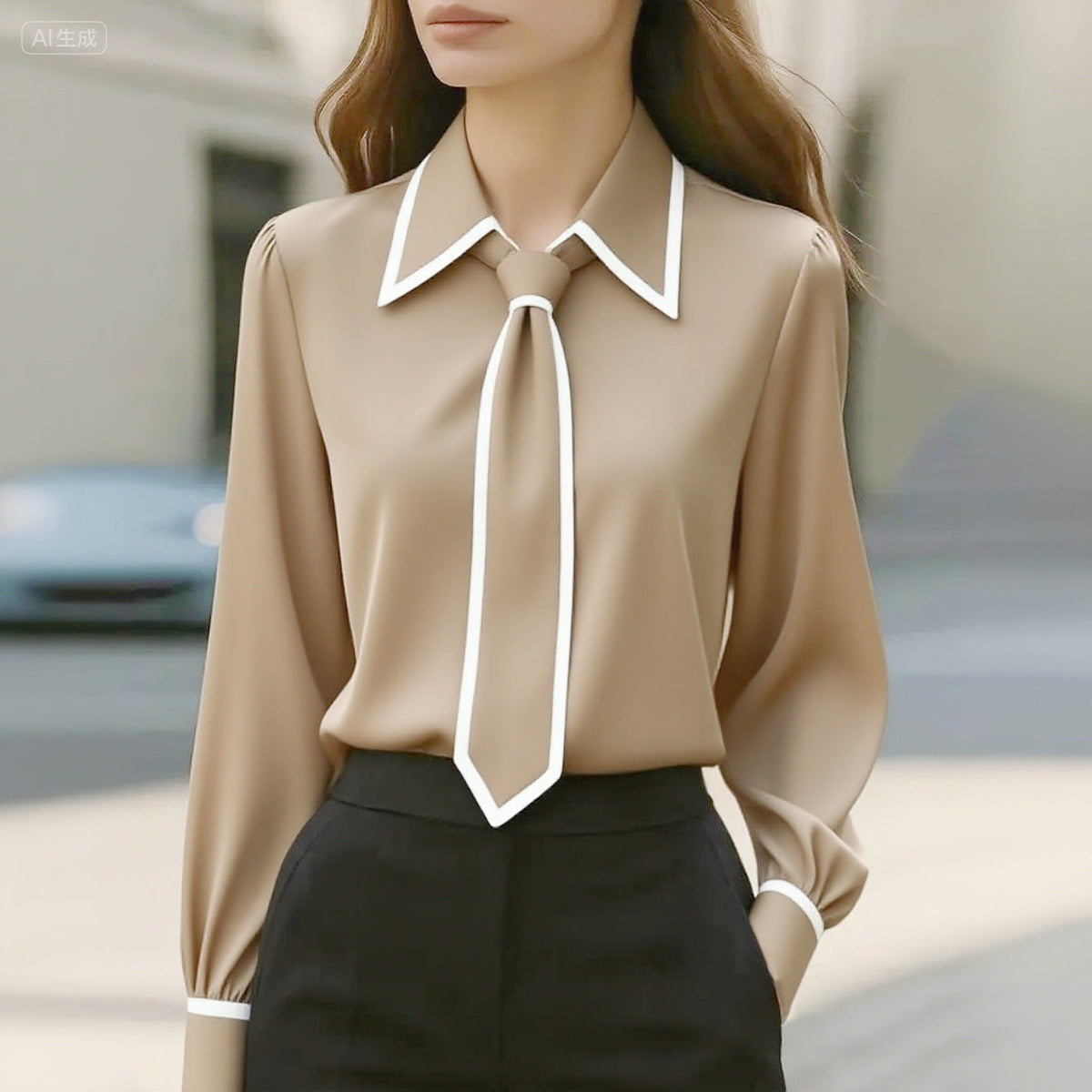 Women’s Autumn Tie-Neck Commute Shirt | Solid Color Long Sleeve Professional Blouse | Modern Office Wear Formal Top | Elegant Tie-Design Fashion Shirt