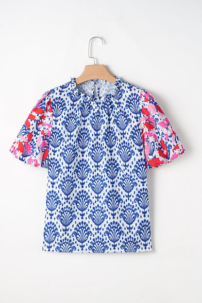 Threaded Pear Julieta Floral Puff Sleeve Frilled Neck Blouse