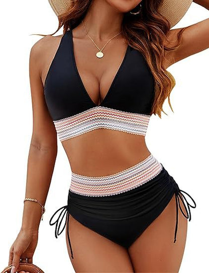 Fashion Womens High Waist Bikini Set Two Piece Swimsuit Solid Color