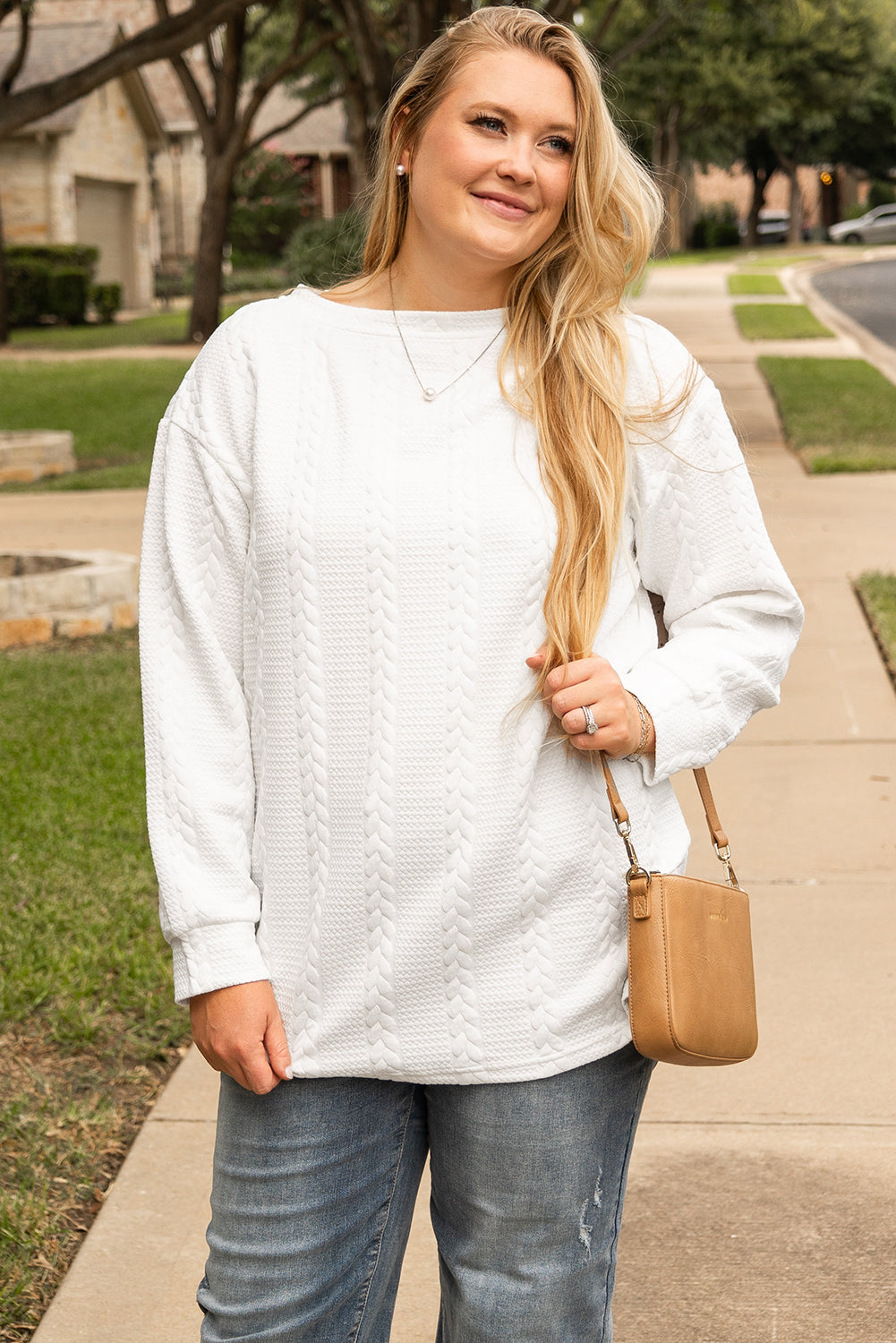 Threaded Pear White Cable Textured Loose Plus Size Sweatshirt
