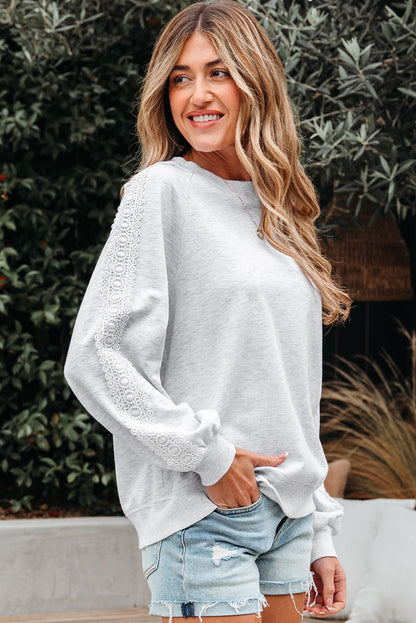 Threaded Pear Peyton Lace Patchwork Raglan Sleeve Crew Neck Sweatshirt