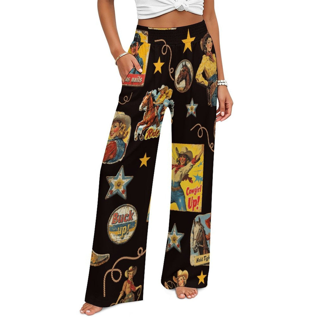 Baha Ranch Vintage Cowgirl Collage High Waisted Wide Leg Pants Inclusive Sizing