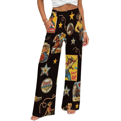 Baha Ranch Vintage Cowgirl Collage High Waisted Wide Leg Pants Inclusive Sizing