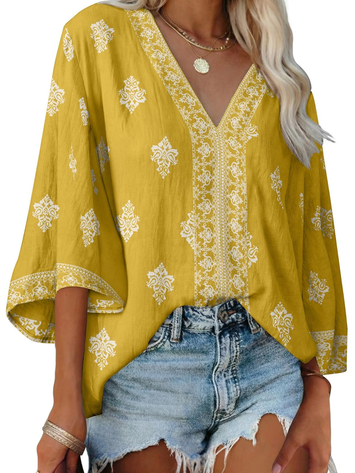 Women's Boho Embroidered V-Neck 3/4 Sleeve Blouse