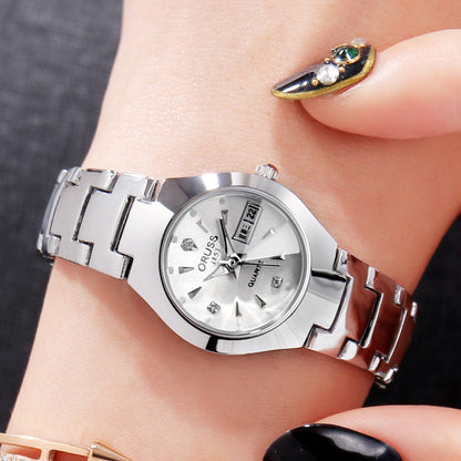 Tungsten Steel Color Waterproof Quartz Watch | Elegant Couple’s Calendar Wristwatch | Fashionable Student Daily Wear Watch | Trendy Minimalist Steel Watch for Men & Women | 2026 High-Fashion Precision Timepiece