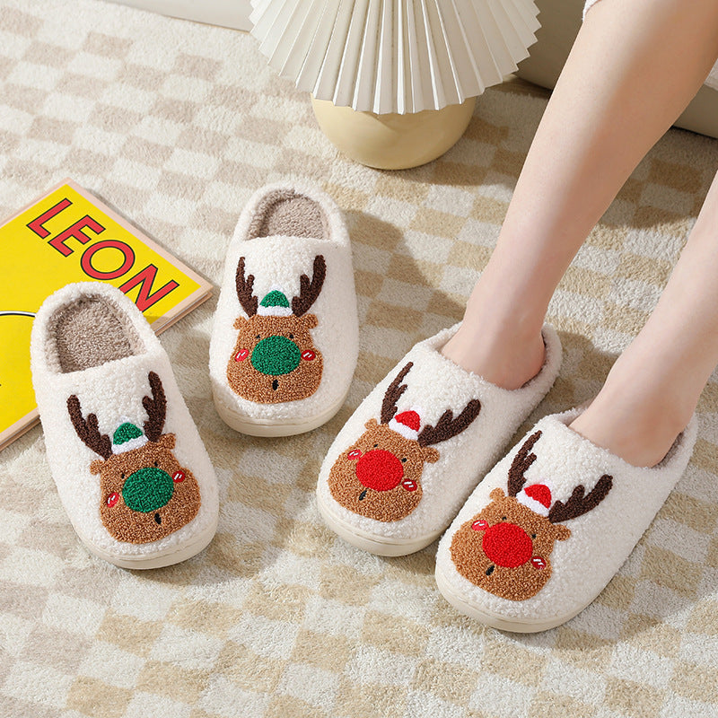 Christmas Elk Winter Home Slippers | Soft Cozy Reindeer Bedroom Shoes | Plush Slip-On House Slippers for Men & Women | Warm Holiday Indoor Footwear