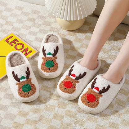 Christmas Elk Winter Home Slippers | Soft Cozy Reindeer Bedroom Shoes | Plush Slip-On House Slippers for Men & Women | Warm Holiday Indoor Footwear