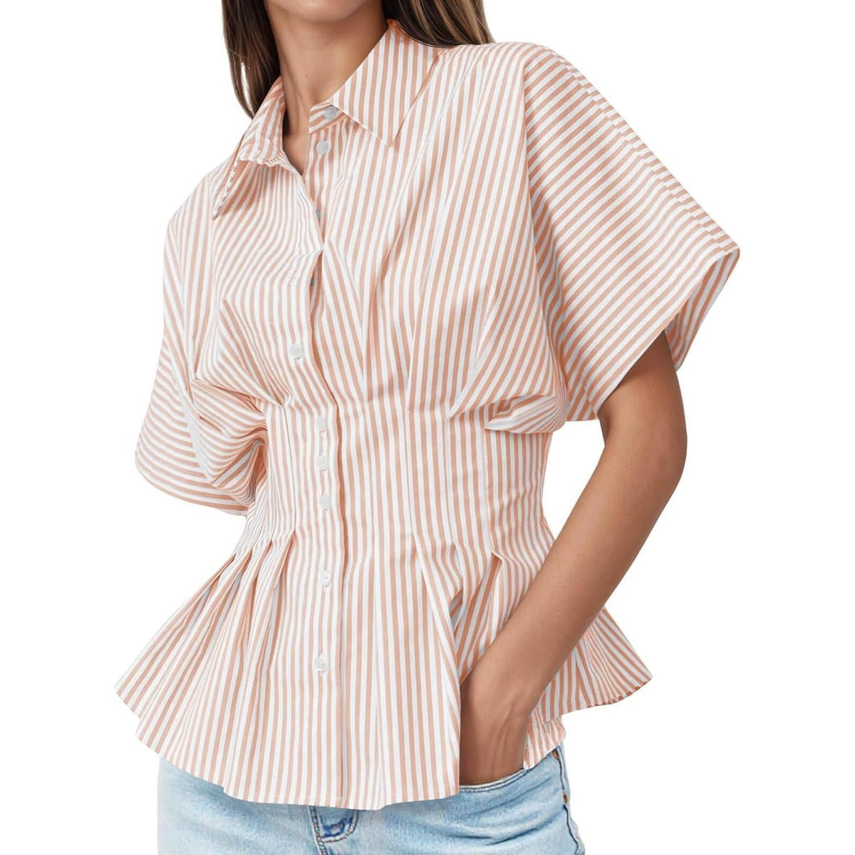 Women's Striped Peplum Button-Down Blouse