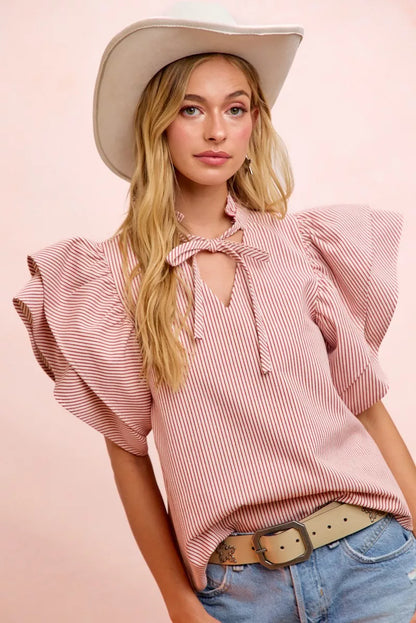 BiBi Twill Striped Ruffle Sleeve Blouse