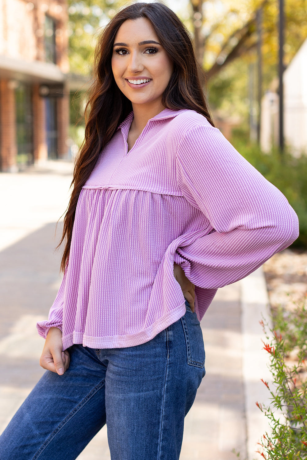 Threaded Pear Blake Corded V Neck Bubble Sleeve Blouse