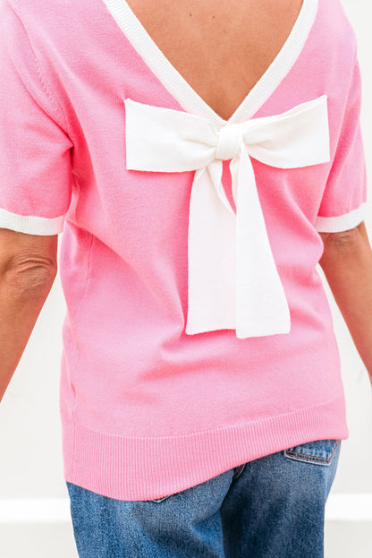 Threaded Pear Mercy Bow V-Shape Cut Back Short Sleeve Sweater