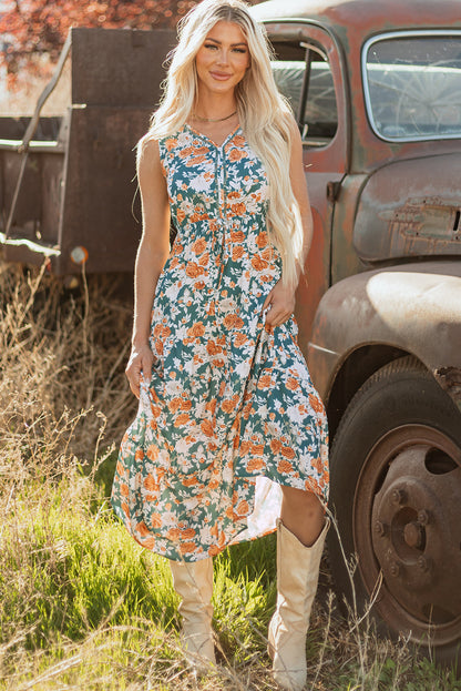 Threaded Pear Kara Floral Tie Waist Sleeveless Holiday Long Dress