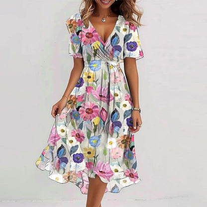 Floral Print A-Line Dress – V-Neck Short Sleeve Midi Dress