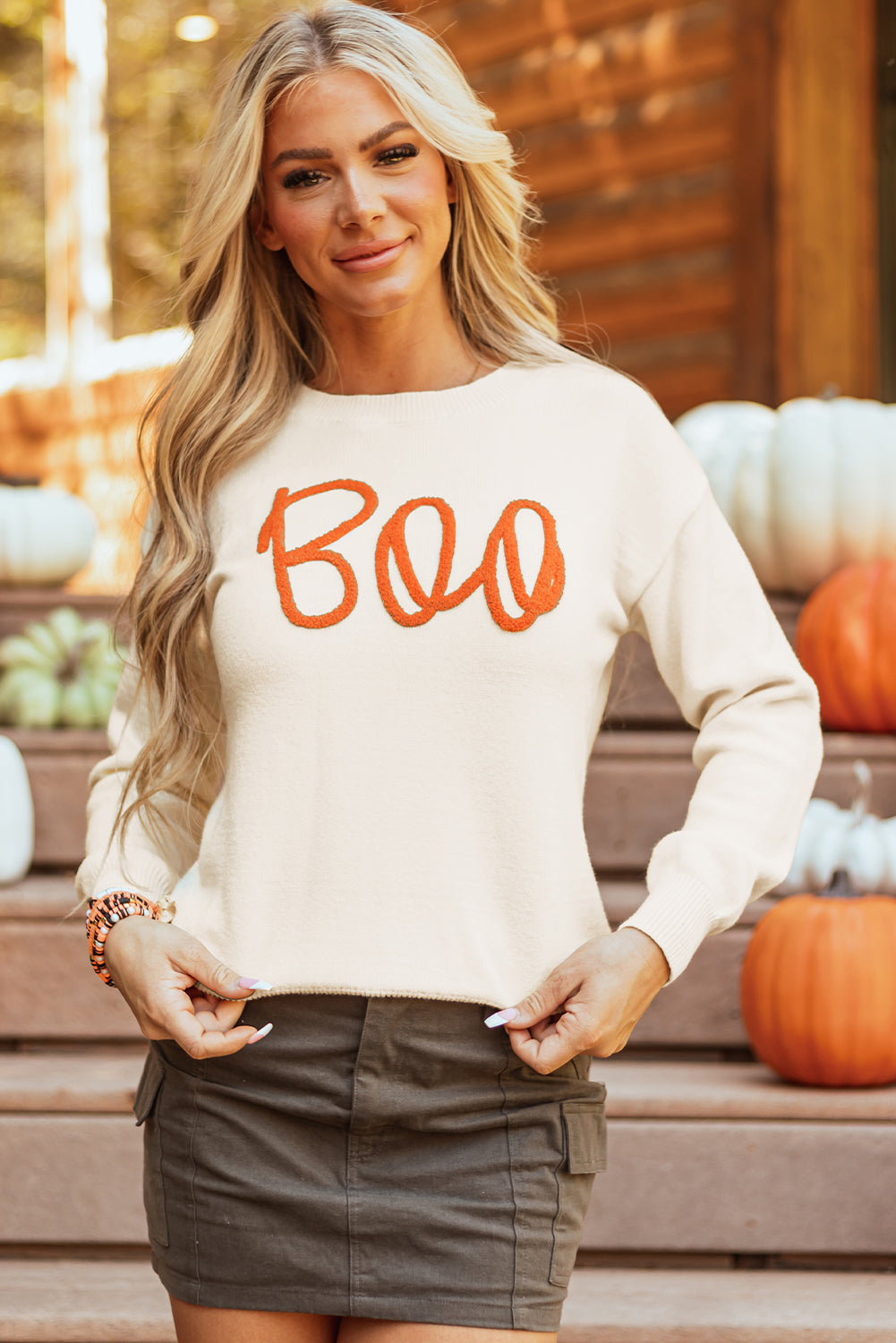 Threaded Pear Boo Knitted Pattern Ribbed Edge Sweater