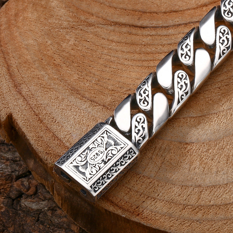 Men's 925 Sterling Silver Cuban Link Bracelet | Vintage Tangcao Pattern Engraved Thick Bracelet | Premium Heavyweight Biker Style Jewelry for Men