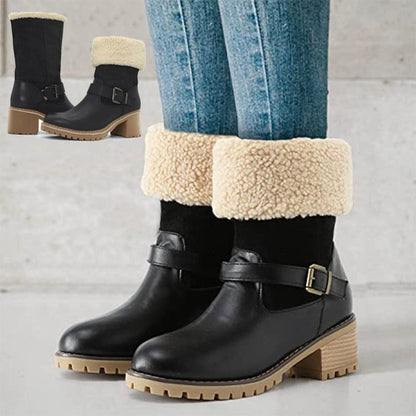 Women’s Fashion Buckle Western Boots | High-Sense Chunky Heel Winter Shoes | Trendy Minimalist Round Toe Warm Boots | Luxury-Label Statuesque Outdoor Wear | 2026 High-Fashion Radiant Cold-Weather Essential