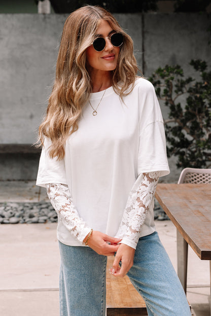 Threaded Pear Hallie Lace Long Sleeve Insert Drop Shoulder Top