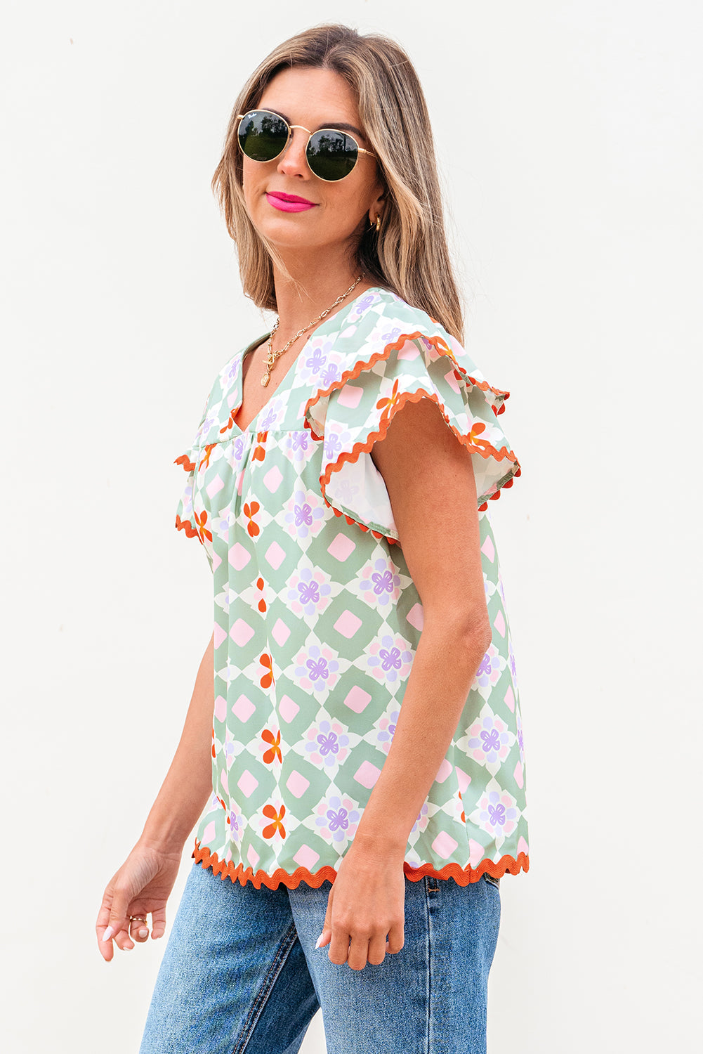 Threaded Pear Belen Floral Layered Flutter Sleeve Rac Trim Blouse