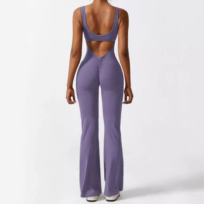 Women’s Sleeveless Flare Yoga Jumpsuit | Full-Body Fitness Bodysuit with Flared Legs | Elegant Backless Workout One-Piece | Trendy High-Stretch Athleisure Yoga Set | 2026 Modern Studio-to-Street Jumpsuit