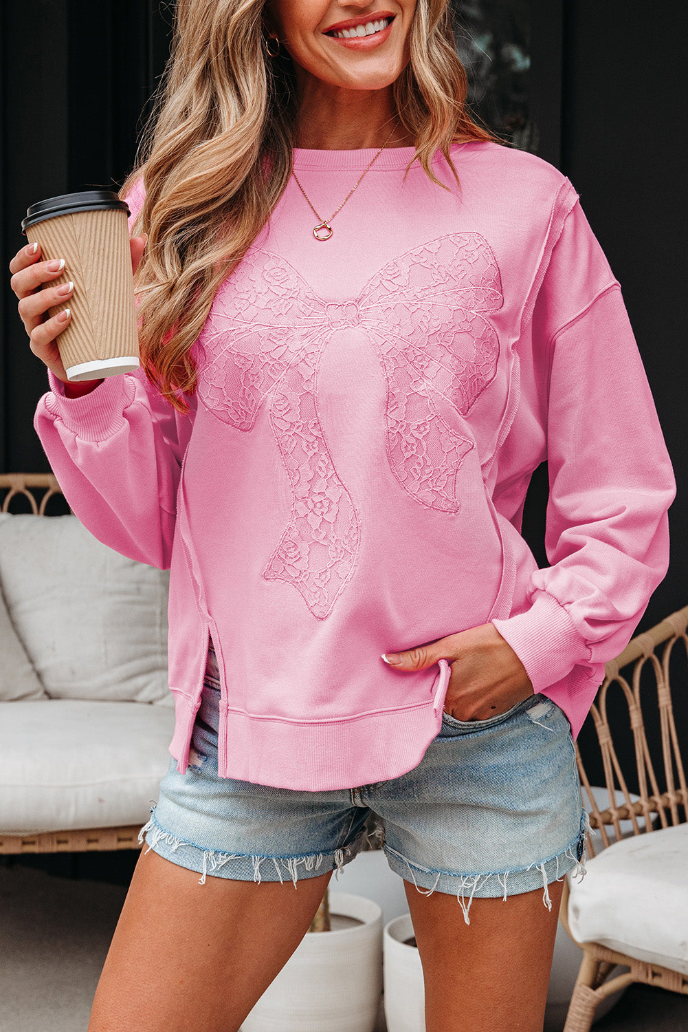 Threaded Pear Brianna Lace Bow Embroidered Exposed Seam Sweatshirt
