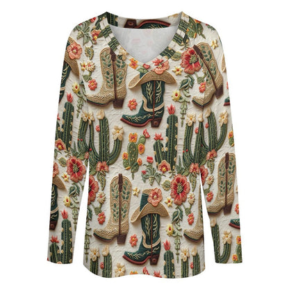 Baha Ranch Cactus and Boots Long Sleeve Top