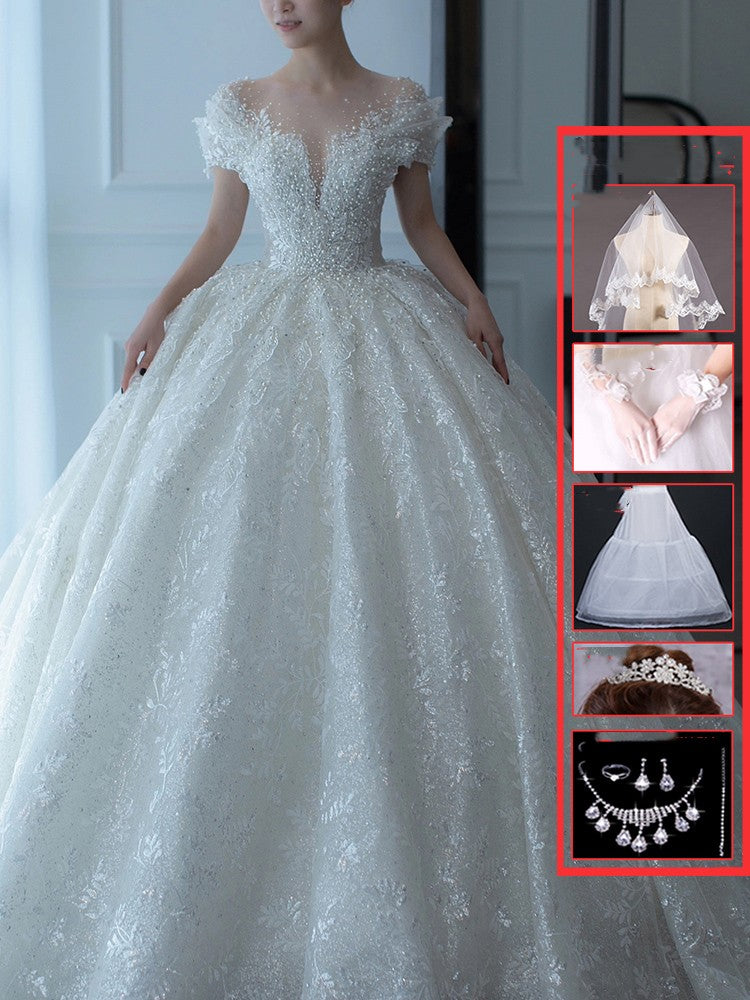 Off-Shoulder French Main Wedding Dress | High-Sense Heavy Industry Embroidery Bridal Gown | Trendy Minimalist Luxury Cathedral Tail Wedding Dress | Luxury-Label Statuesque Princess Gown | 2026 High-Fashion Radiant Bridal Wear