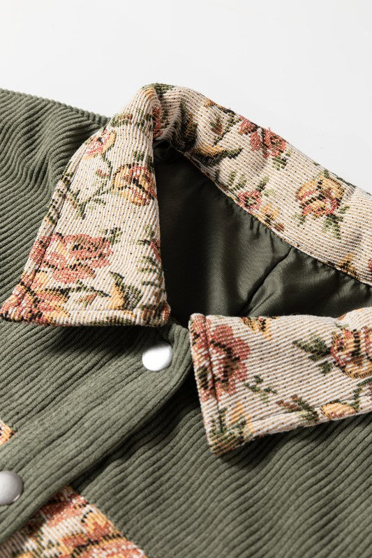 Floral Patchwork Ribbed Corduroy Shirt Jacket