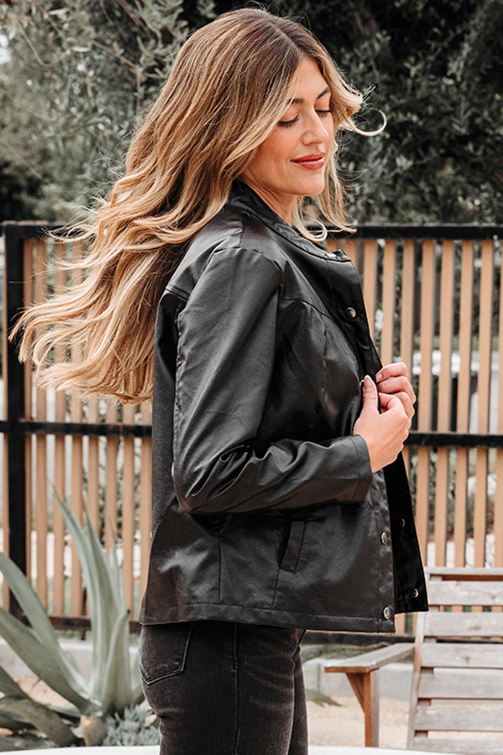 Threaded Pear Olive Faux Leather Buttoned Front Boxy Jacket