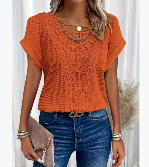 Women’s Summer Hollow-Out T-Shirt | Fashion Ethnic Style Short-Sleeved Top | Elegant Embroidered Lace Knit Blouse | Trendy Minimalist Breathable Summer Clothing | 2026 High-Fashion Artisan Ethnic Top