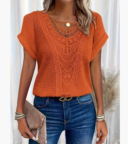 Women’s Summer Hollow-Out T-Shirt | Fashion Ethnic Style Short-Sleeved Top | Elegant Embroidered Lace Knit Blouse | Trendy Minimalist Breathable Summer Clothing | 2026 High-Fashion Artisan Ethnic Top
