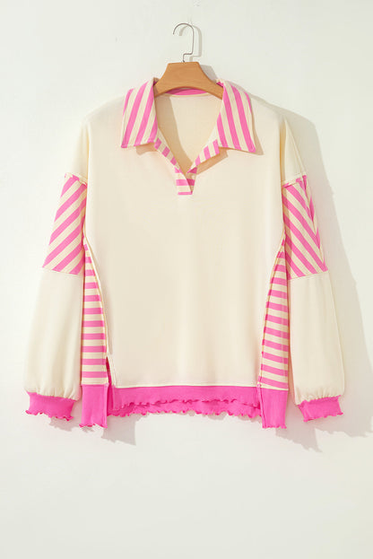 Threaded Pear Pink Stripe Contrast Polo Collar Drop Shoulder Patchwork Plus Size Pullover