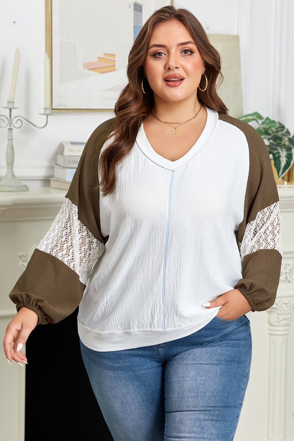 Threaded Pear Julietta Patchwork Balloon Sleeve PLUS Blouse