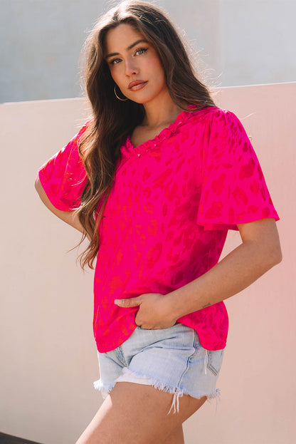 Threaded Pear Laurel Leopard Frilly V Neck Short Sleeve Blouse