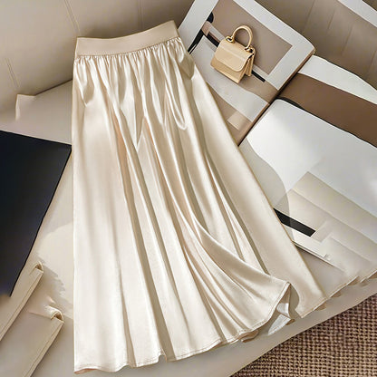 Women’s Solid Color Satin Midi Skirt with Bow Detail | Elegant Pleated Satin Skirt | High-Waisted A-Line Vacation Skirt | Chic Silk-Like Office Midi Skirt | 2026 Modern Luxury Skirt Collection