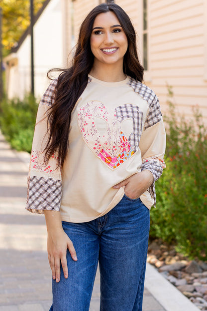 Threaded Pear Emilia Plaid Floral Peace Heart Long Sleeve Top