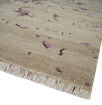 8x10 Camel and Purple Antique Style, Abstract Hand Knotted Low pile Wool Area Rug