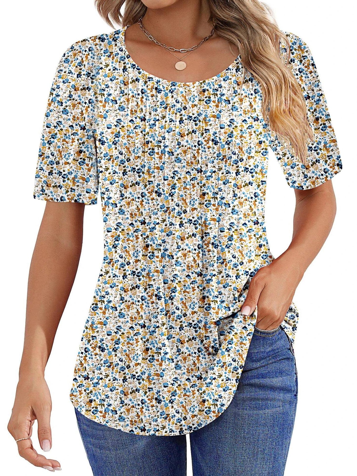 ✨Women Summer Pleated Short Sleeve Tunic Blouses Tops