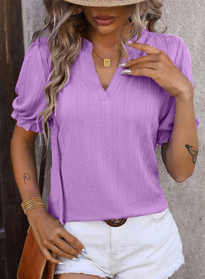 ✨Textured Puff-Sleeve V-Neck Knit Top