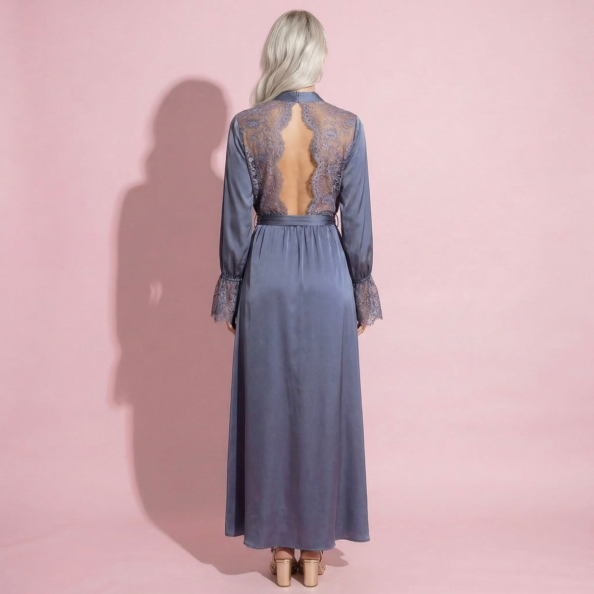 Anna-Kaci Lounge Women's Satin Wrap Robe Dress with Long Sleeves Lace Cuff Detail and Adjustable Tie Waist in Flowy Maxi Silhouette