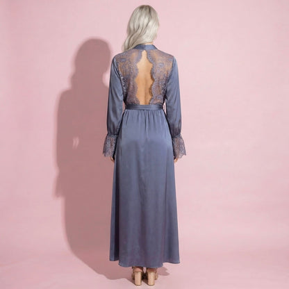 Anna-Kaci Lounge Women's Satin Wrap Robe Dress with Long Sleeves Lace Cuff Detail and Adjustable Tie Waist in Flowy Maxi Silhouette