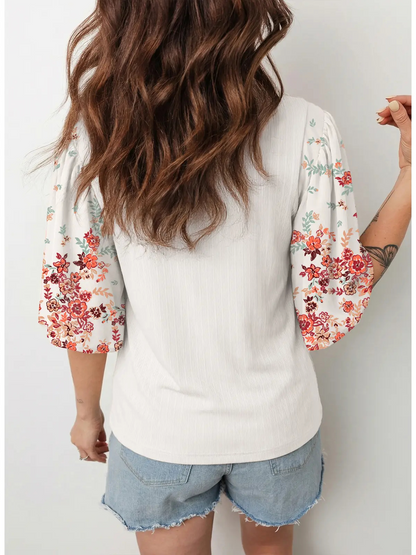 Women's Boho Floral Patchwork 3/4 Sleeve Blouse