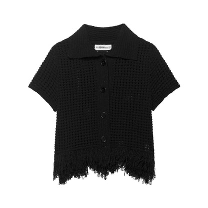 Tassel embellished plaid knitted jacket+half skirt set