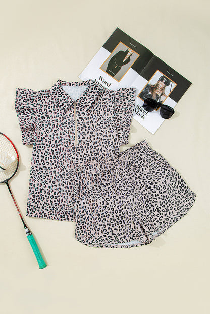 Threaded Pear Leopard Half Zipper Collared Ruffled Sleeve Top and Short Set