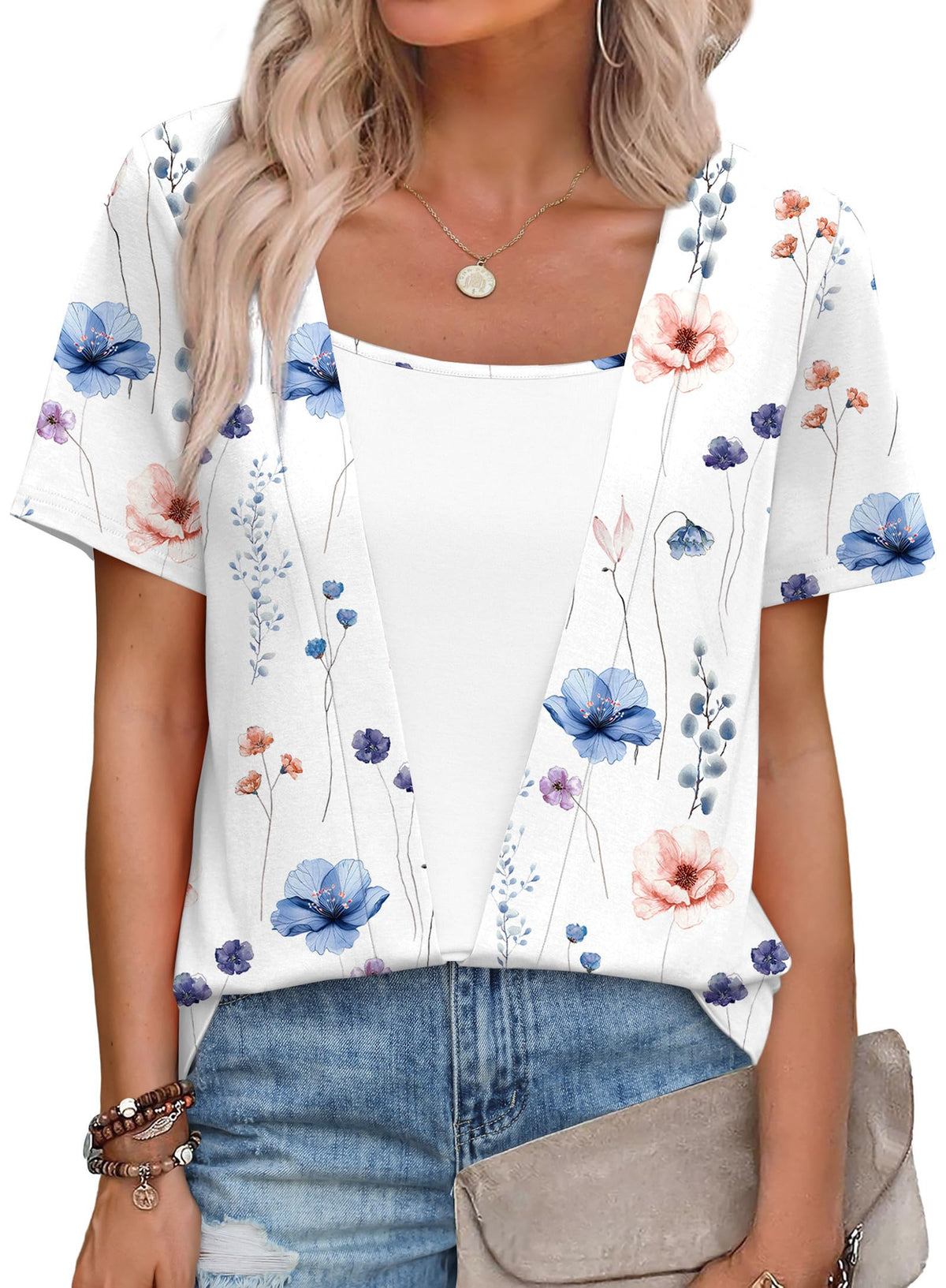 Womens Trendy 2 in 1 Blouses Short Sleeve Shirts Casual Beach Vacation Clothes