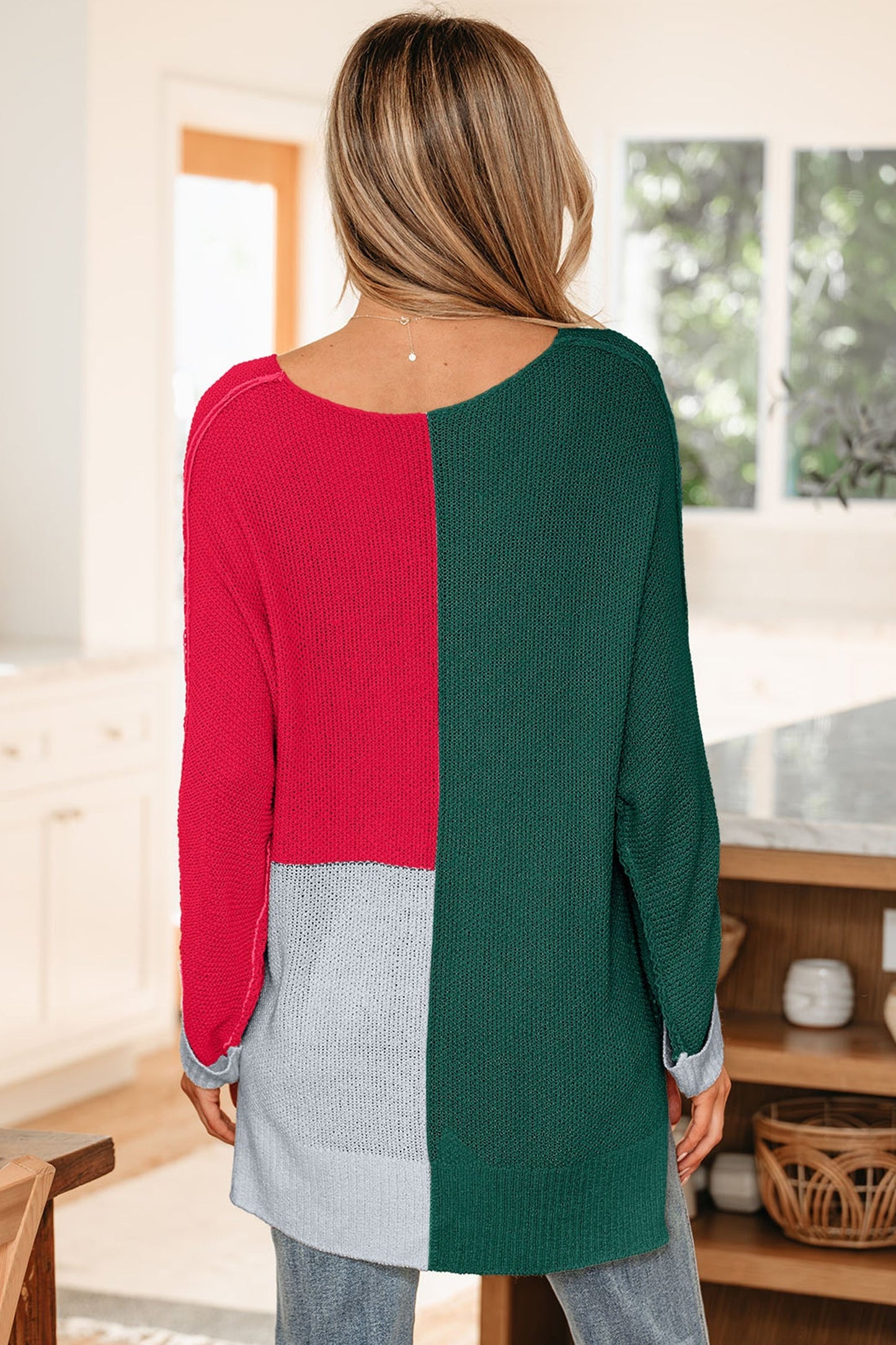 Threaded Pear Demi Block Knit Loose Sweater